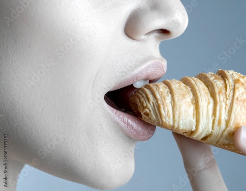 Side view of a woman taking a slow sensual bite of a croissant. Cool tones and soft studio light create a calm, crisp atmosphere, emphasizing mouth movement and quiet intimate flavor focus slowly now.