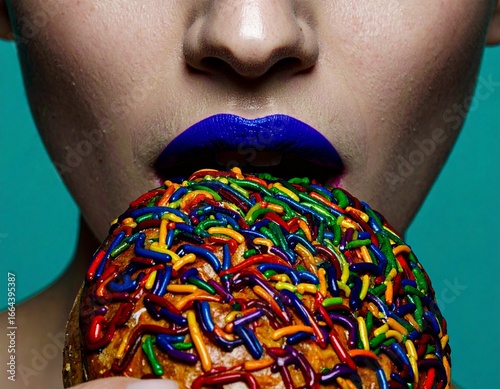 A woman of color with blue violet lipstick leans toward a brioche covered in colorful sugar. Warm tones fill the scene, creating a playful sweet and gently sensual moment of bright inviting taste now.