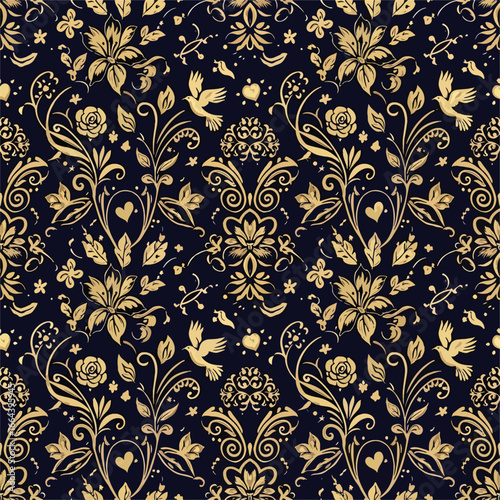 Seamless Pattern, Ornate gold floral pattern on dark navy background with birds and hearts design Stock royalty free