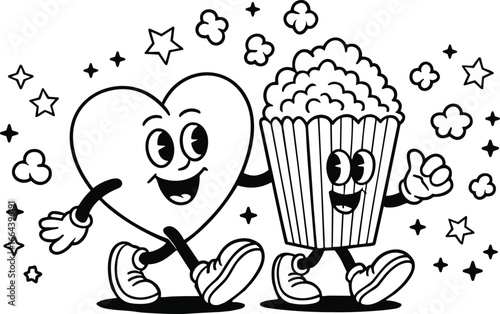 Cute cartoon heart and popcorn characters holding hands, smiling, walking together with stars, fun romantic movie date vector illustration, joyful love concept