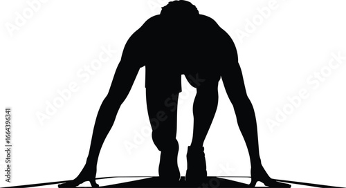 Silhouette of sprinter in starting position, athlete on track ready to race, sports vector illustration, dynamic pose, competitive running concept