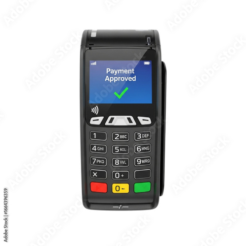 Modern credit card payment terminal with approved transaction display on screen transparent background