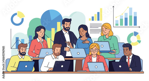 A diverse team collaborates in a modern office, boosting productivity by analyzing data on laptops with vibrant charts. Perfect for showcasing teamwork and success.