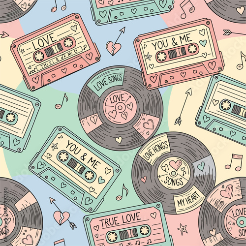 Seamless Pattern, Cassette tapes and vinyl records seamless pattern with vintage love songs theme Stock royalty free