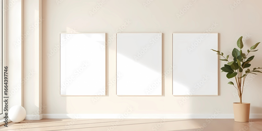 Fototapeta premium A minimalist studio apartment with pale taupe wall, three ISO A poster mockups in frameless mounts aligned vertically.