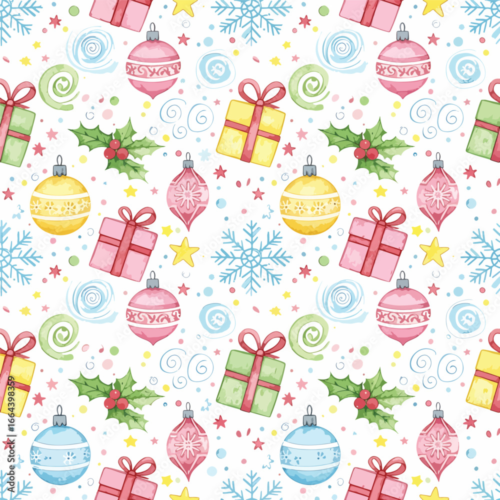 Naklejka premium Seamless Pattern, Christmas pattern with ornaments gifts snowflakes and holly watercolor style Stock royalty free image.