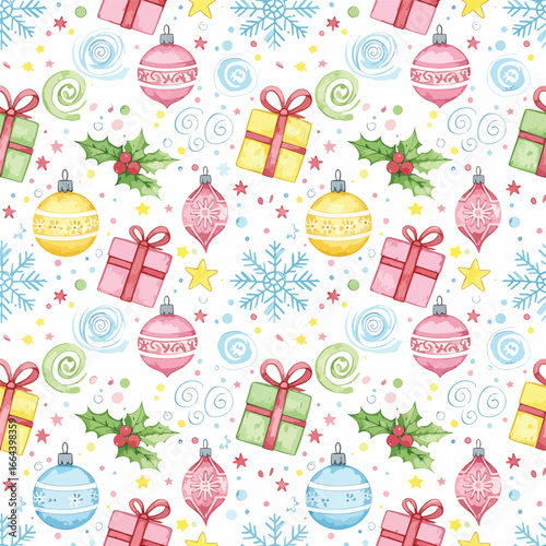 Seamless Pattern, Christmas pattern with ornaments gifts snowflakes and holly watercolor style Stock royalty free image.
