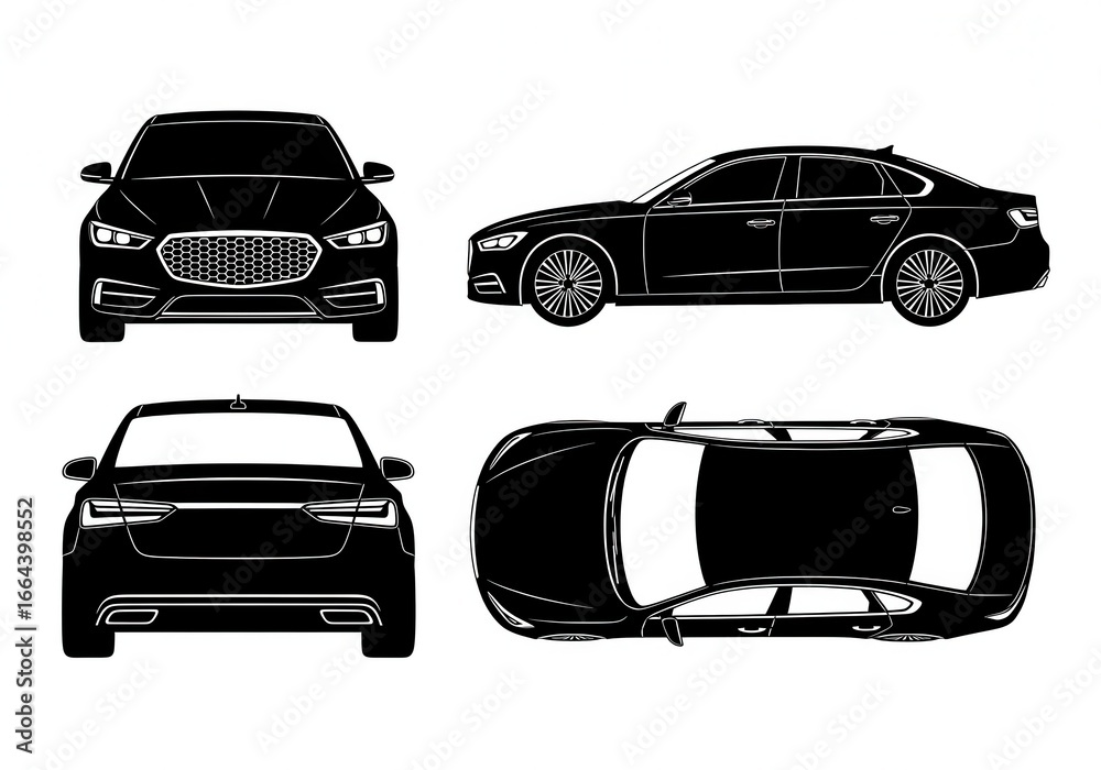 Fototapeta premium Black sedan car vector illustration with front, side, rear and top view on white background