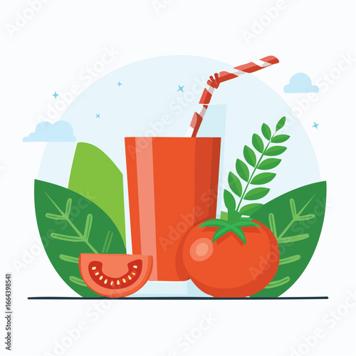 Fresh Tomato Juice In Glass With Straw