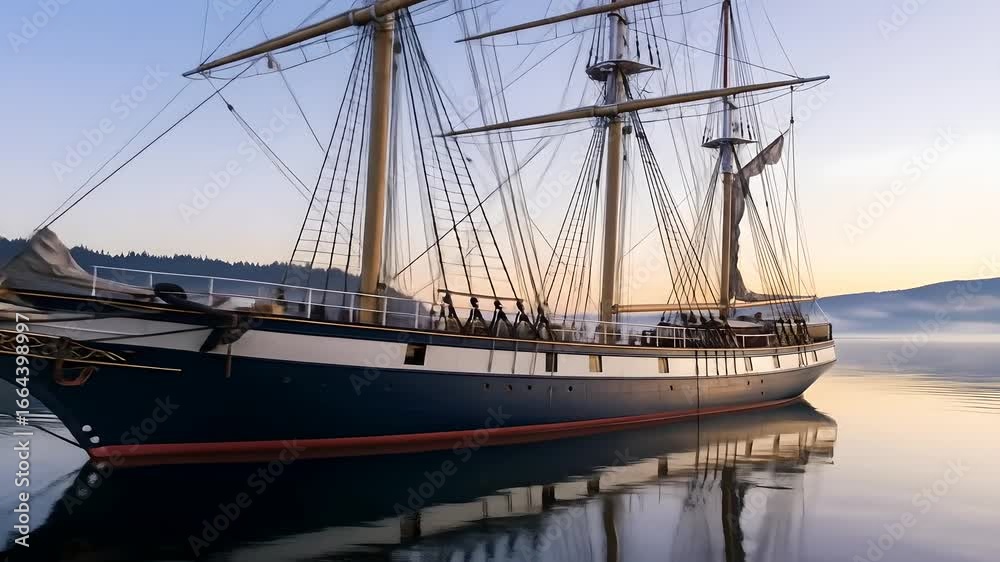 Tall ship at sunrise on calm water. Nautical, tourism, history, travel, vintage themes. Ideal for documentaries, historical projects, maritime education. Pristine reflection.