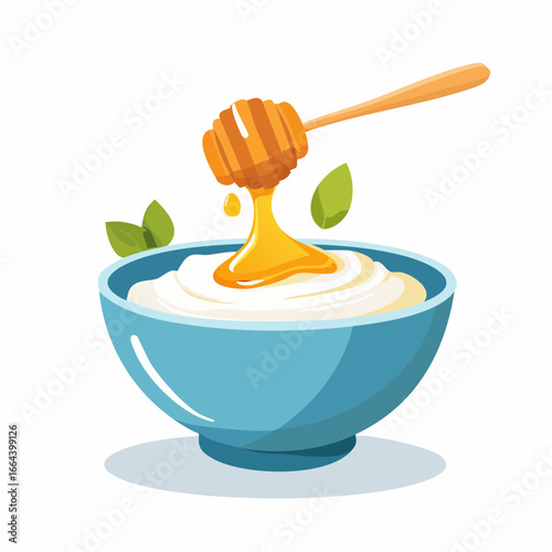 Honey Drizzled Yogurt In Blue Bowl