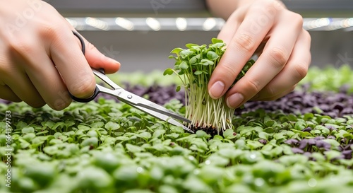 Hands trim microgreens with scissors indoors for fresh harvest.
