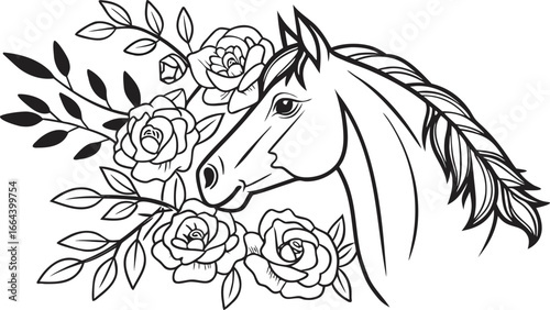 Ornate horse illustration with intricate line patterns art, Detailed horse head illustration with floral patterns ideal for coloring book enthusiasts delighting in art