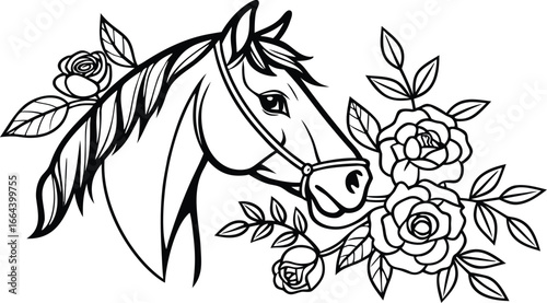 Ornate horse illustration with intricate line patterns art, Detailed horse head illustration with floral patterns ideal for coloring book enthusiasts delighting in art