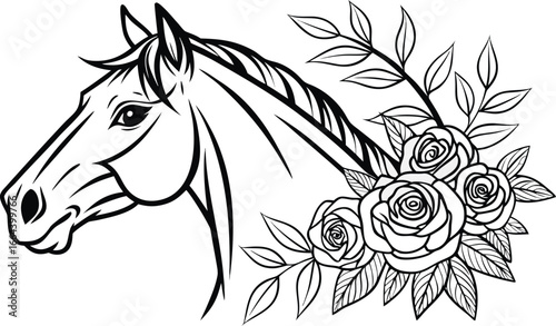 Ornate horse illustration with intricate line patterns art, Detailed horse head illustration with floral patterns ideal for coloring book enthusiasts delighting in art