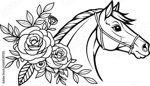 Ornate horse illustration with intricate line patterns art, Detailed horse head illustration with floral patterns ideal for coloring book enthusiasts delighting in art