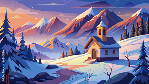 Idyllic winter landscape shines gently, small chapel resting in snowy Alps, Berchtesgadener Land glowing in twilight, silence blankets earth, purity whispers softly, harmony between nature and faith c