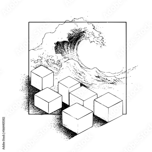 Illustration of a great wave with six cubes in a square frame with a black and white color scheme