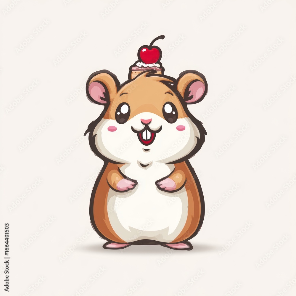 Naklejka premium Cute hamster character with cake on head against a cream background