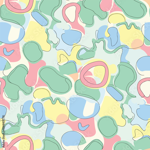 Seamless Pattern, Organic shapes pattern with pastel colors and black outline creates soft design Stock royalty free
