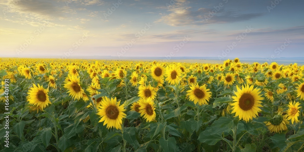 Fototapeta premium The Sunflower Field Stretching to the Horizon Under a Golden Sunset Sky