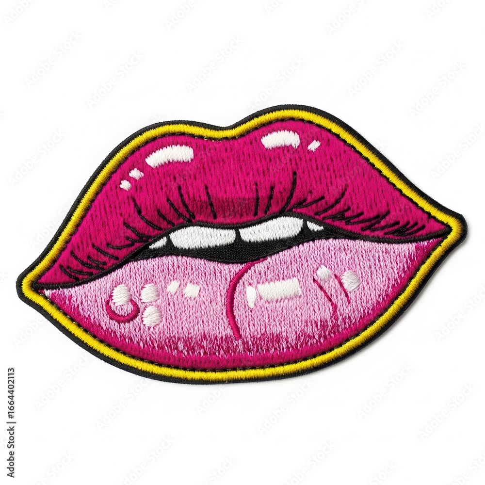 Obraz premium Embroidered patch of red lips on white background
