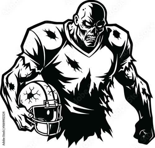 Angry zombie football player, tattered uniform, holding helmet.