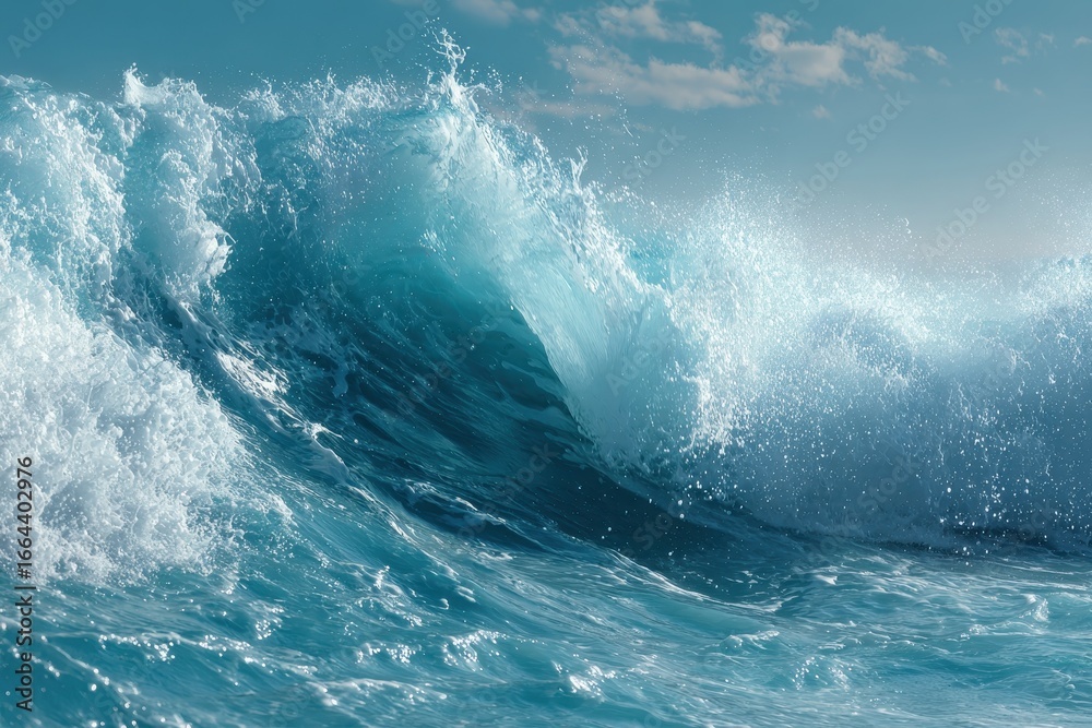 Obraz premium Powerful Ocean Wave Crashing with Splashes Against a Cloudy Sky Backdrop