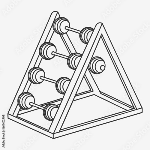 A simple line drawing of a triangular abacus toy with wooden frame and colorful beads for early childhood education