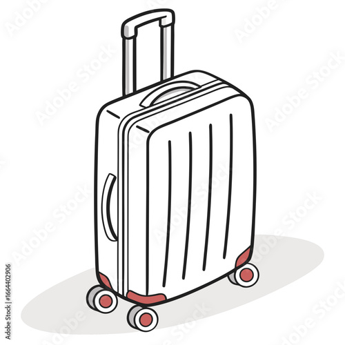 A simple line drawing of a white rolling suitcase with a retractable handle and red accents on a white background