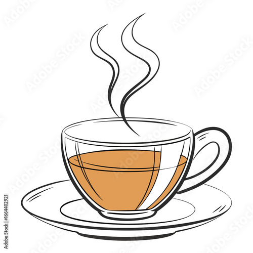 A steaming cup of hot beverage in a clear glass mug with saucer and wisps of steam rising