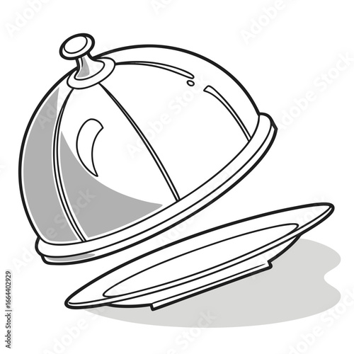 A stylized illustration of a silver serving cloche with its lid partially lifted revealing an empty plate below