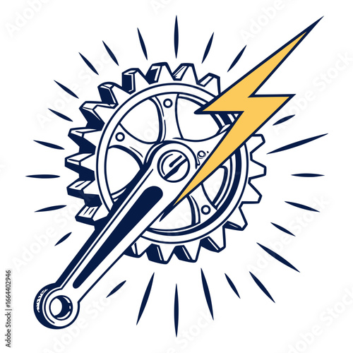 Bicycle crankset and chainring with a yellow lightning bolt and radiating lines symbolizing power and energy