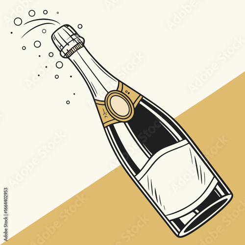 Celebratory champagne bottle popping cork with bubbles and a blank label for custom text