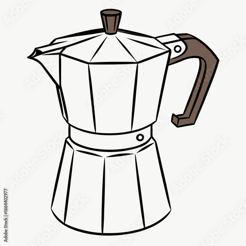 Classic italian moka pot coffee maker illustration with a simple clean design and brown handle isolated on white background