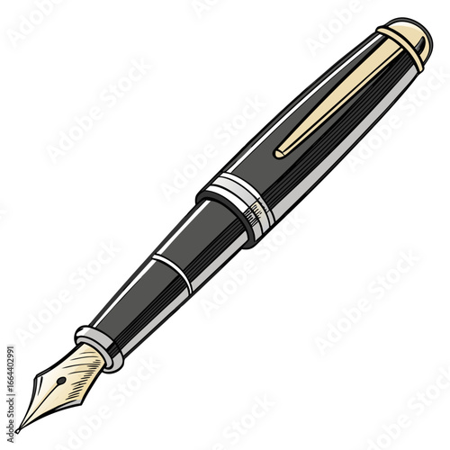 Classic black and gold fountain pen with a detailed nib and clip isolated on a white background