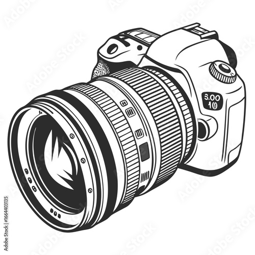 Detailed black and white illustration of a professional dslr camera with a zoom lens