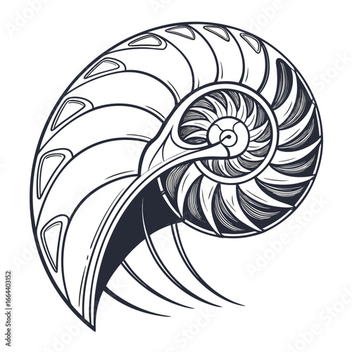 Detailed black and white illustration of a nautilus shell cross section showcasing its spiral chambers and intricate patterns