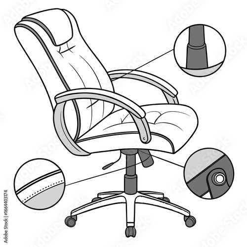 Detailed illustration of a modern office chair highlighting key components and construction details with close up views