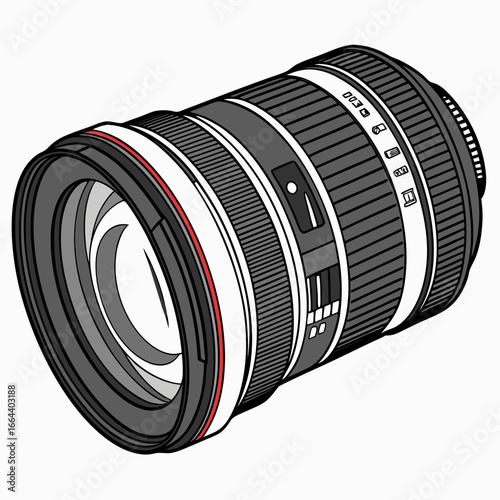 Detailed illustration of a professional camera lens with a red ring and focus markings isolated on a white background