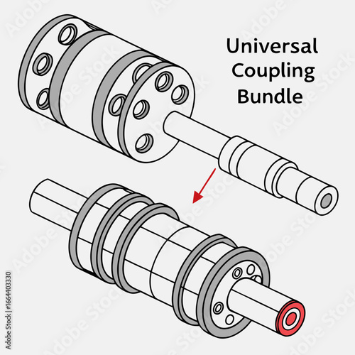 Exploded isometric view of a universal coupling bundle with a red arrow indicating assembly connection