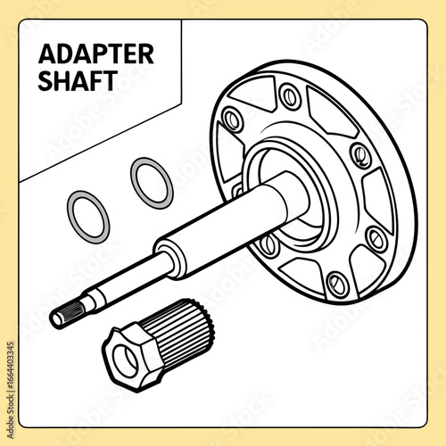 Exploded view illustration of an adapter shaft with components including washers and a knurled nut