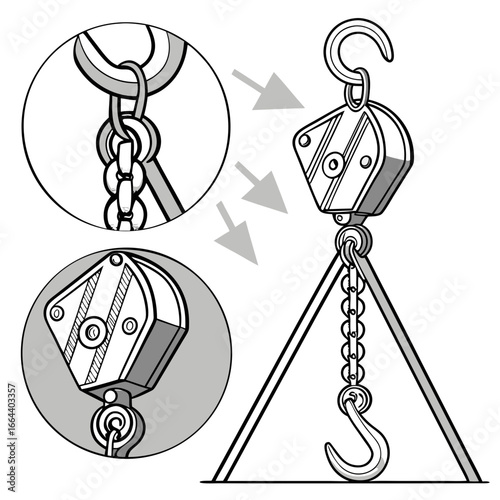 Illustration of a block and tackle pulley system with detailed close ups of the hook and chain components