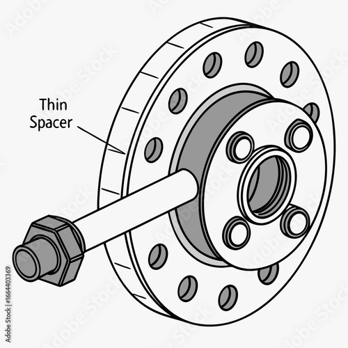 Illustration of a pipe flange assembly with a thin spacer and bolt with nut for secure connection