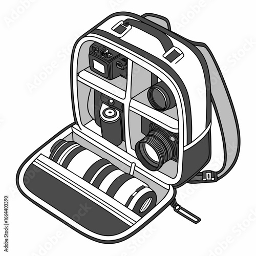 Illustration of an open camera bag filled with photography equipment including lenses and a camera body