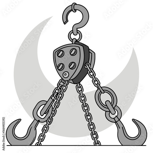 Industrial chain hoist with three hooks and a crescent moon shape in the background