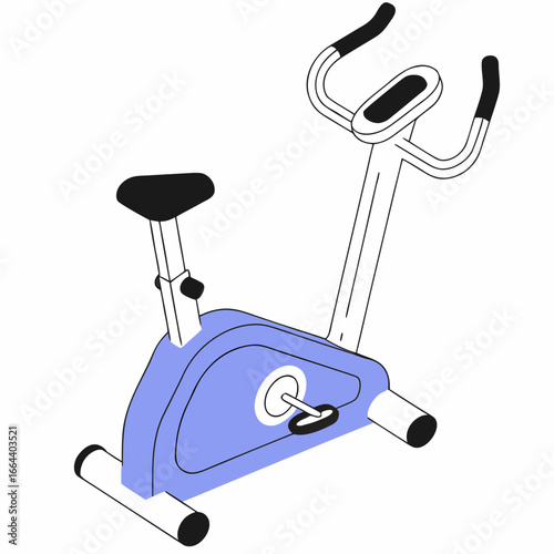 Modern exercise bike with a blue frame and black seat and handlebars isolated on white background
