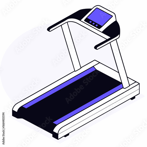 Modern isometric illustration of a treadmill with a digital display and purple accents for fitness and exercise