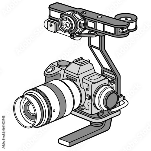 Professional dslr camera with telephoto lens mounted on a handheld gimbal stabilizer for smooth video filming