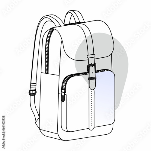 Stylized line drawing of a modern backpack with a flap closure and front zipper pocket